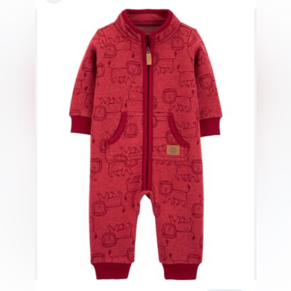 CARTERS Red Baby Lion Long-sleeve & Pants, Fleece Zip-Up One Piece Jumpsuit - Picture 1 of 6